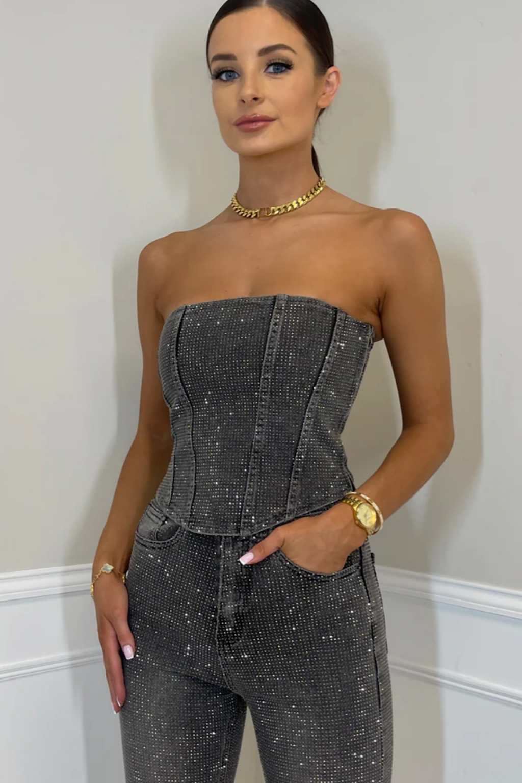 Rhinestone Denim Corset & Pants Set Gray Denim — Image 3