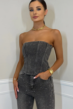 Rhinestone Denim Corset & Pants Set Gray Denim — Image 3