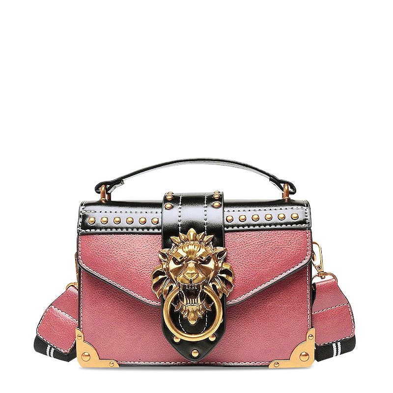 Lion Emblem Flap Satchel Bag - Faux Leather Shoulder Handbag Black/Red/Pink — Image 3