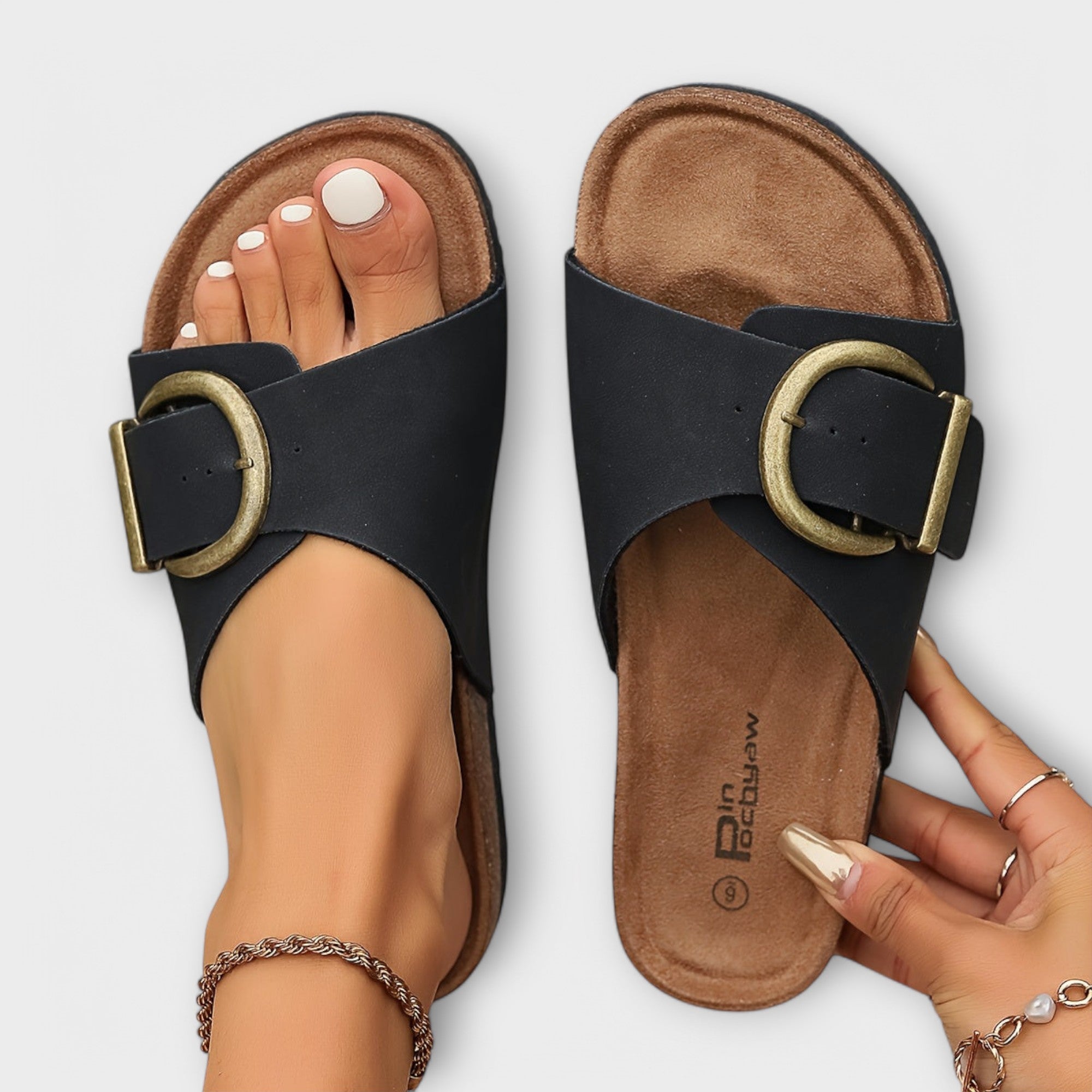 Pin Podaway Women's Slip-On Sandals Cork Footbed Adjustable Buckle Black — Image 2