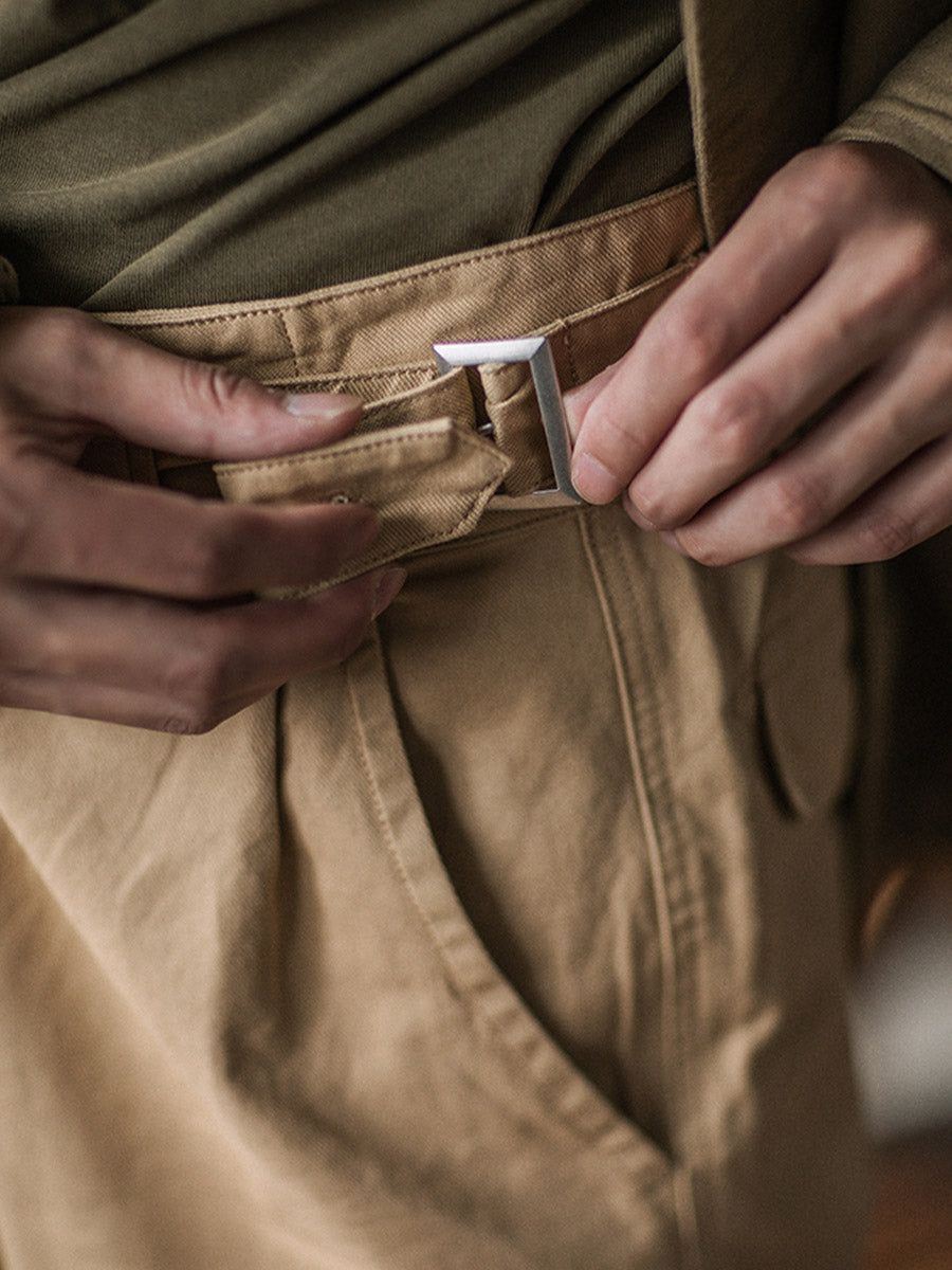 Vintage Style Men's Work Pants Cotton Canvas Khaki High Waist Pleated — Image 12