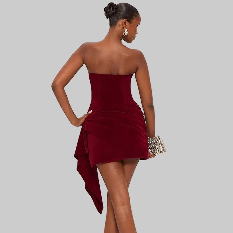 Burgundy Velvet Strapless Mini Dress with Ruched Drape Detail — Image 3