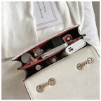 Quilted Crossbody Bag Black Faux Leather Chain Strap Pearl Accents — Image 7
