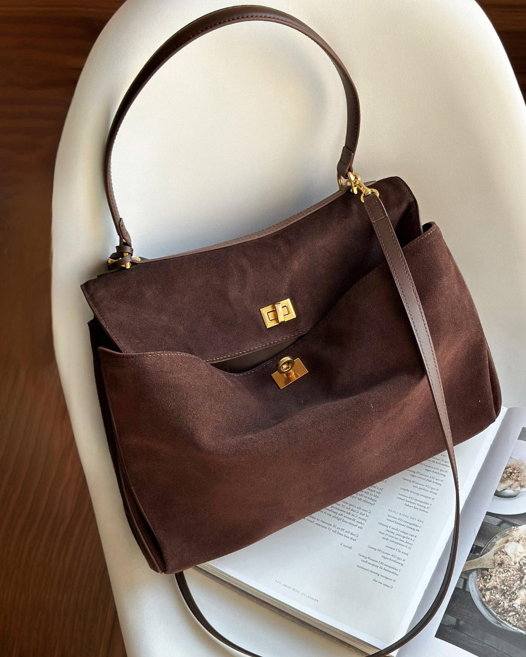 Suede Leather Top Handle Bag Brown - Women's Elegant Shoulder Bag — Image 2