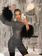 Sparkle Mini Dress with Feather Trim Cuffs - Silver Polyester Party Dress — Image 4