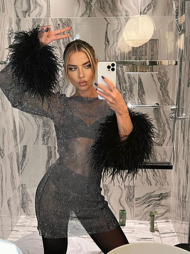 Sparkle Mini Dress with Feather Trim Cuffs - Silver Polyester Party Dress — Image 4