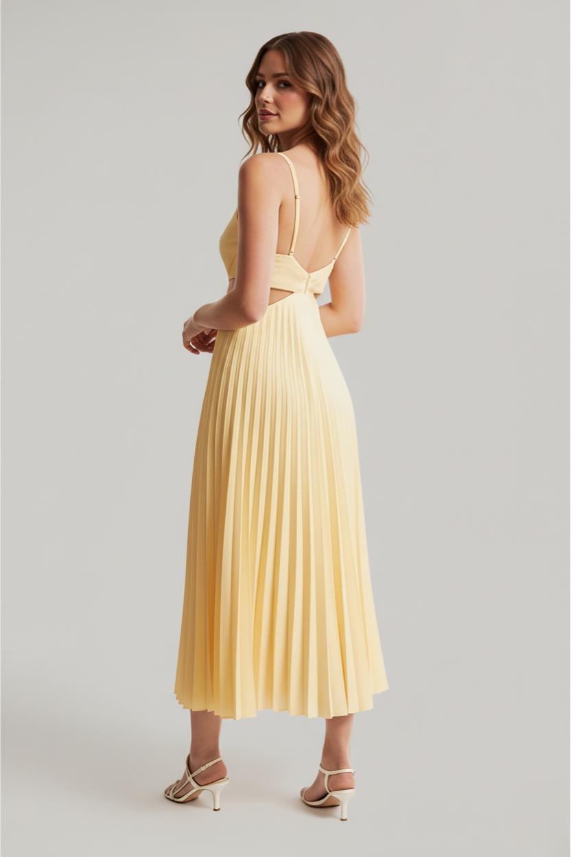 Pleated Midi Dress V-Neck Cutout Waist Sleeveless - Available in Yellow, Purple, Red, Black, Green — Image 2