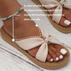 Women's Bowknot Pearl Decor Slip-On Sandals Beige Cotton Comfort Summer Footwear — Image 6