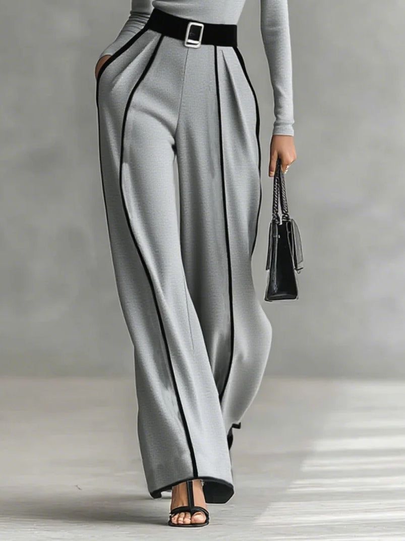 Women's Elegant Pants Set: Turtleneck Long Sleeve Top & Wide Leg Pants with Belt, Black/Gray — Image 7