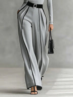 Women's Elegant Pants Set: Turtleneck Long Sleeve Top & Wide Leg Pants with Belt, Black/Gray — Image 7