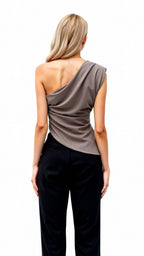One-Shoulder Blouse: Sleeveless Asymmetrical Top, Sage Green Polyester Blend, Women's Fashion — Image 5