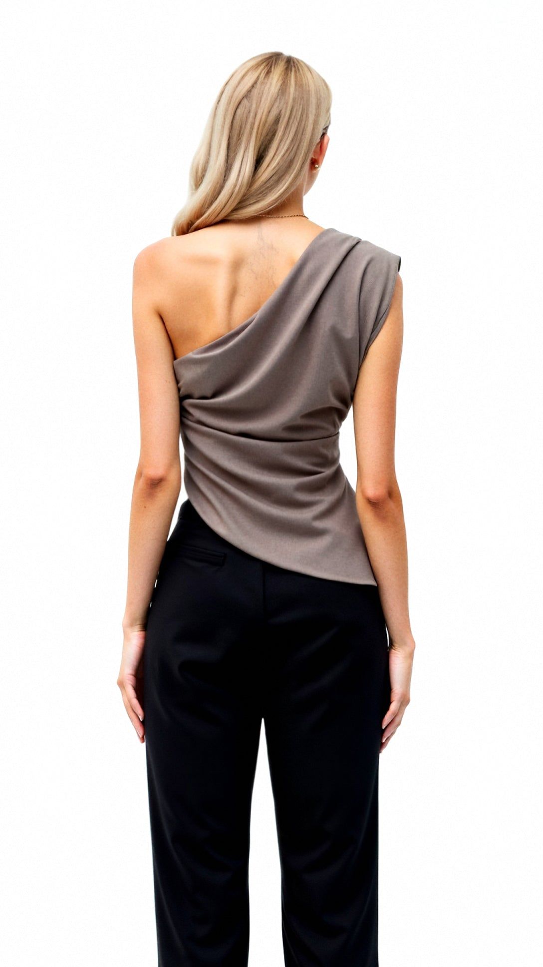One-Shoulder Blouse: Sleeveless Asymmetrical Top, Sage Green Polyester Blend, Women's Fashion — Image 5