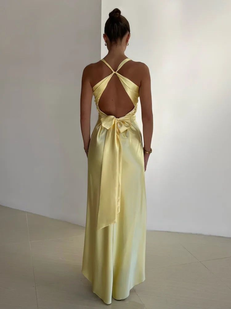 Satin Maxi Dress Open Back with Bow - Women's Formal Evening Gown [Color] — Image 2