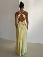 Satin Maxi Dress Open Back with Bow - Women's Formal Evening Gown [Color] — Image 2