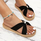 Women's Bowknot Pearl Decor Slip-On Sandals Beige Cotton Comfort Summer Footwear — Image 10