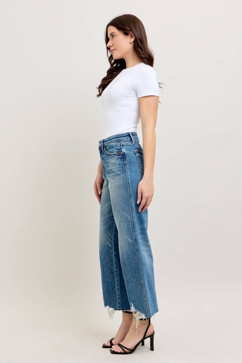 Judy Blue Women's Wide-Leg Distressed High-Waisted Jeans Blue Denim Frayed Hem — Image 7