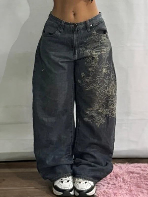 Vintage Embroidered Wide-Leg Denim Jeans Dark Gray Cotton Women's — Main Image
