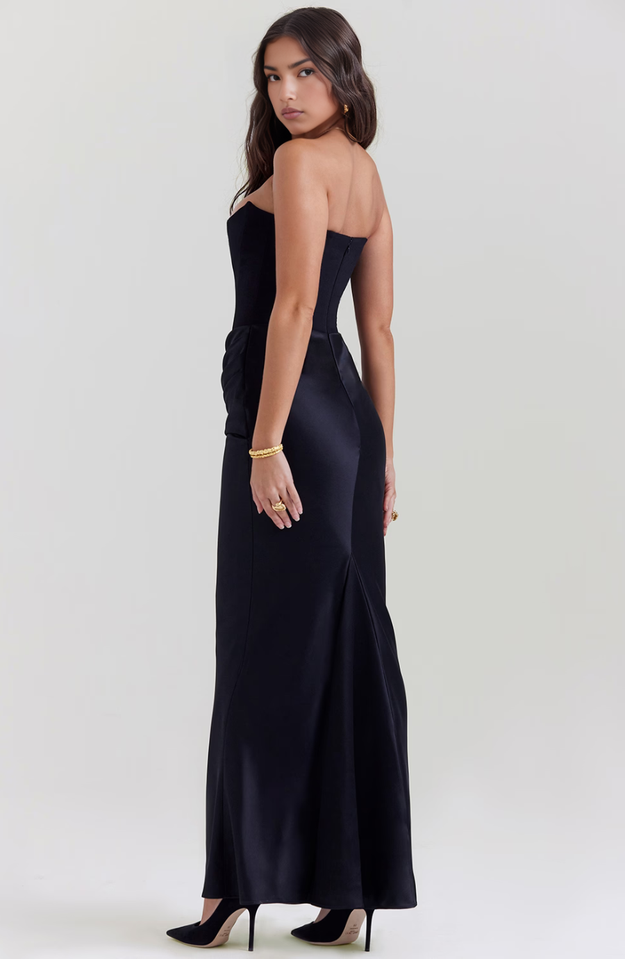 Strapless Corset Maxi Dress Satin Formal Evening Gown - Black, White, Pink, Taupe — Image 2