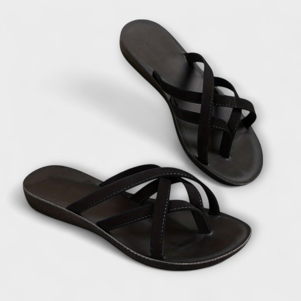 Women's Slip-On Sandals Cross Strap Lightweight Casual Flats Black Beige Silver — Image 2