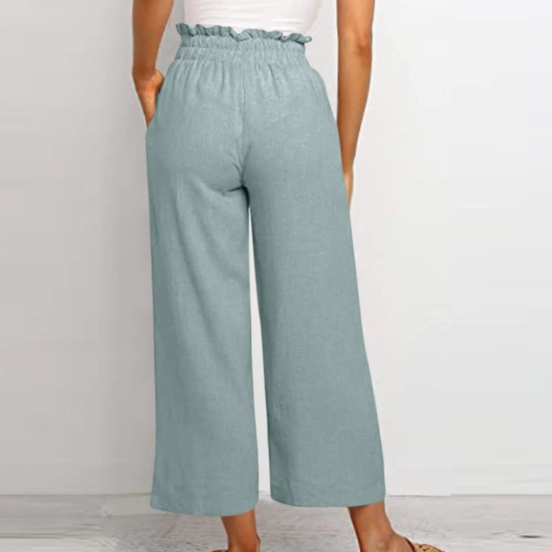 Women's Linen Wide Leg Pants High Waist Elastic Drawstring Casual Trousers — Image 10