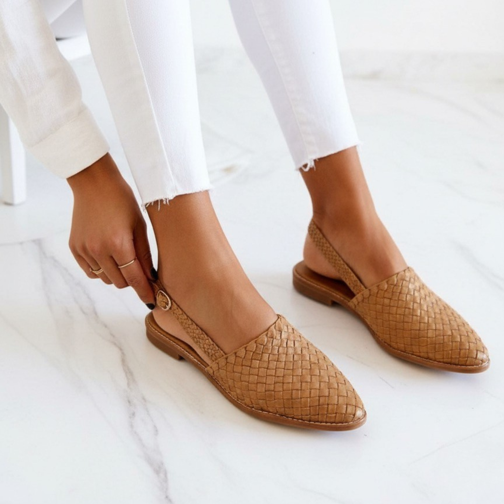 Woven Slingback Flats Women's Shoes - Brown Leather Summer Sandals — Image 5