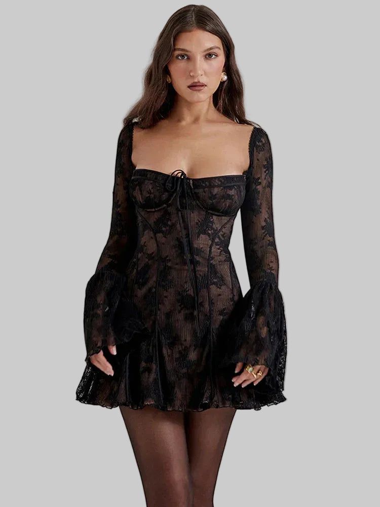 Lace Mini Dress with Bell Sleeves, Corset Detail, and Square Neck - Black Lace — Image 4