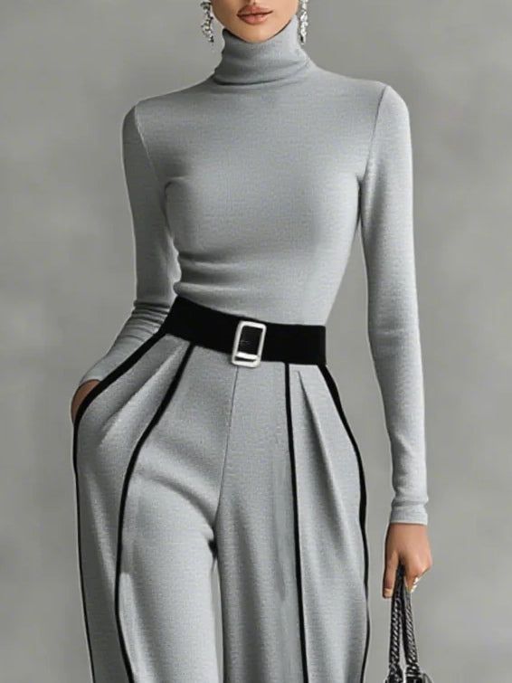 Women's Elegant Pants Set: Turtleneck Long Sleeve Top & Wide Leg Pants with Belt, Black/Gray — Image 6