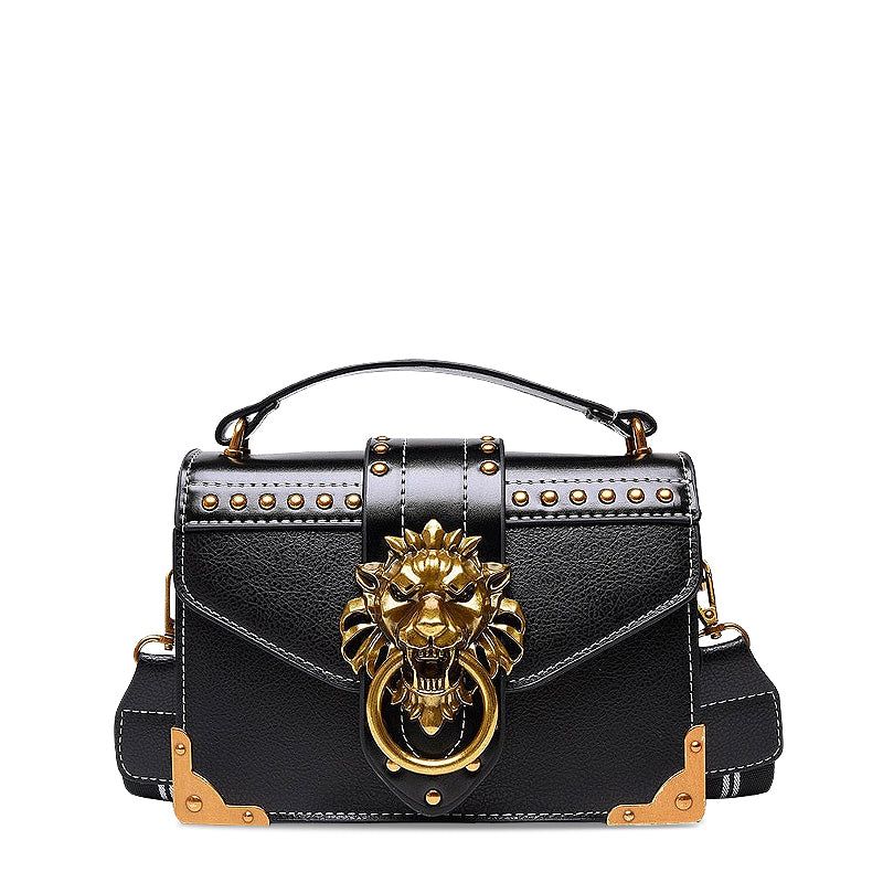 Lion Emblem Flap Satchel Bag - Faux Leather Shoulder Handbag Black/Red/Pink — Main Image