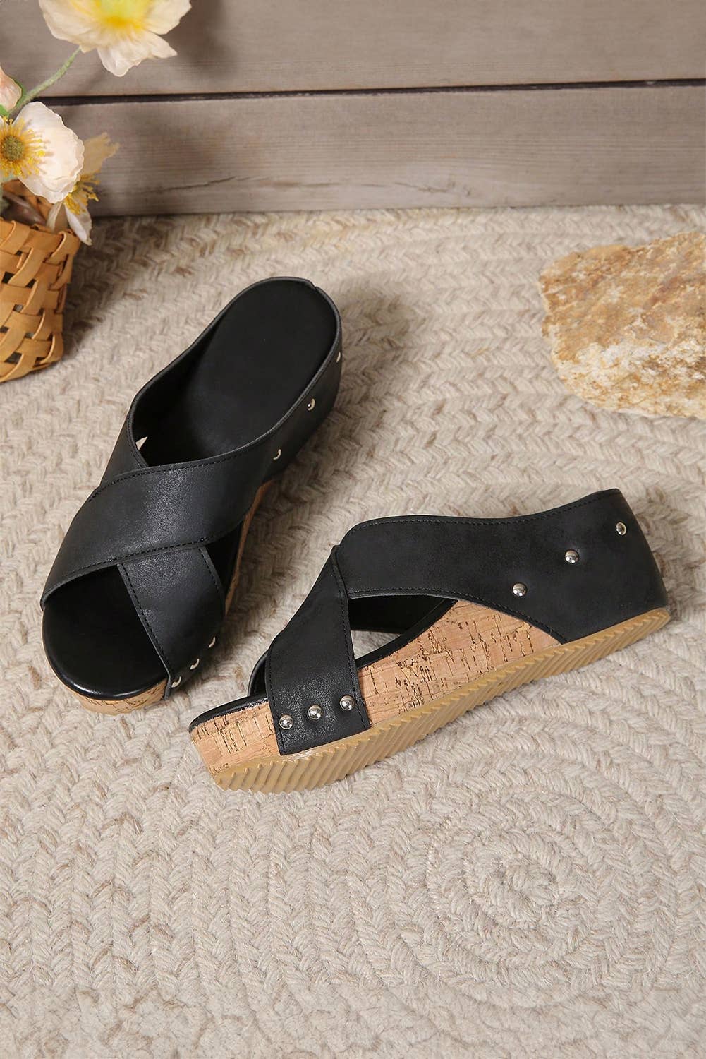 Women's Cork Wedge Sandals Black Slip-On Platform Cross Strap Comfortable Summer Shoes — Image 4