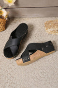Women's Cork Wedge Sandals Black Slip-On Platform Cross Strap Comfortable Summer Shoes — Image 4