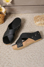 Women's Cork Wedge Sandals Black Slip-On Platform Cross Strap Comfortable Summer Shoes — Image 4