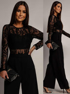 Black Lace Long Sleeve Jumpsuit, Open Back, Wide Leg, Women's Elegant Jumpsuit — Image 2