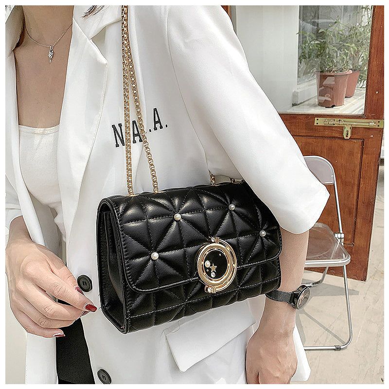 Quilted Crossbody Bag Black Faux Leather Chain Strap Pearl Accents — Image 6