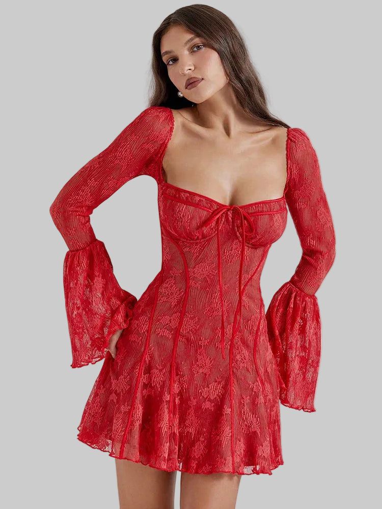 Lace Mini Dress with Bell Sleeves, Corset Detail, and Square Neck - Black Lace — Image 2