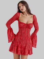 Lace Mini Dress with Bell Sleeves, Corset Detail, and Square Neck - Black Lace — Image 2