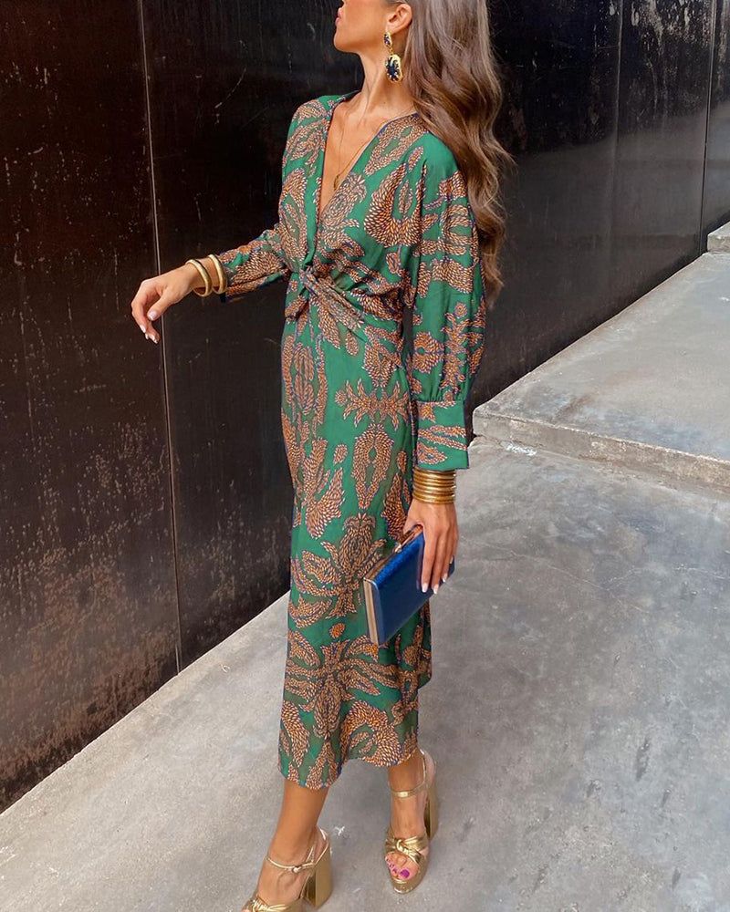 Twist Front Midi Dress V-Neck Long Sleeve Polyester Various Colors S M L XL — Image 4
