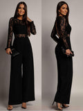 Black Lace Long Sleeve Jumpsuit, Open Back, Wide Leg, Women's Elegant Jumpsuit — Main Image