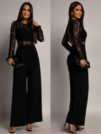 Black Lace Long Sleeve Jumpsuit, Open Back, Wide Leg, Women's Elegant Jumpsuit — Main Image