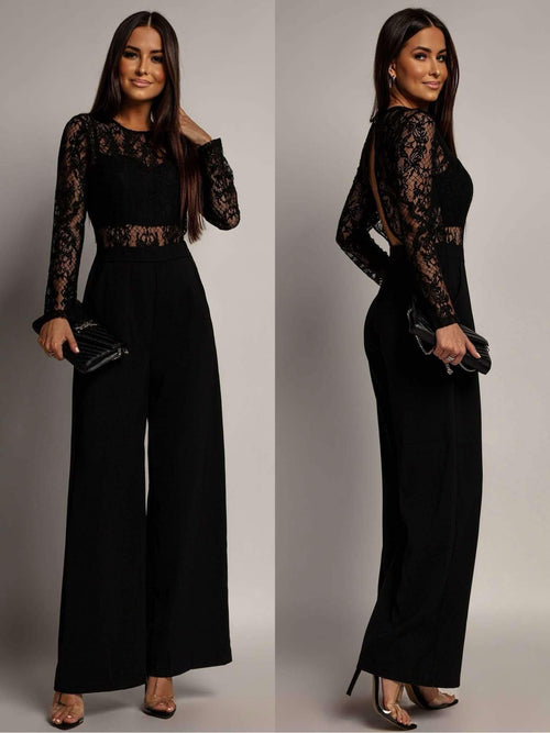 Black Lace Long Sleeve Jumpsuit, Open Back, Wide Leg, Women's Elegant Jumpsuit — Main Image