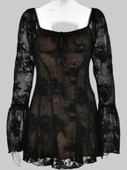 Lace Mini Dress with Bell Sleeves, Corset Detail, and Square Neck - Black Lace — Image 8