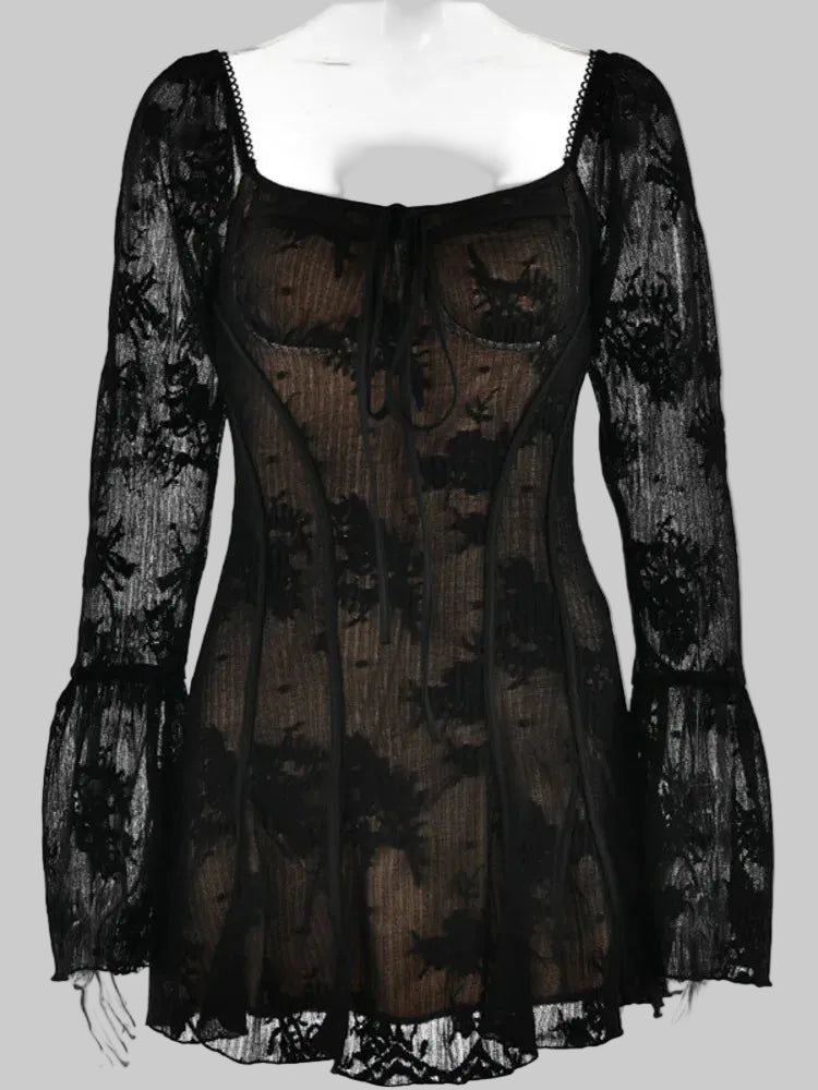 Lace Mini Dress with Bell Sleeves, Corset Detail, and Square Neck - Black Lace — Image 8