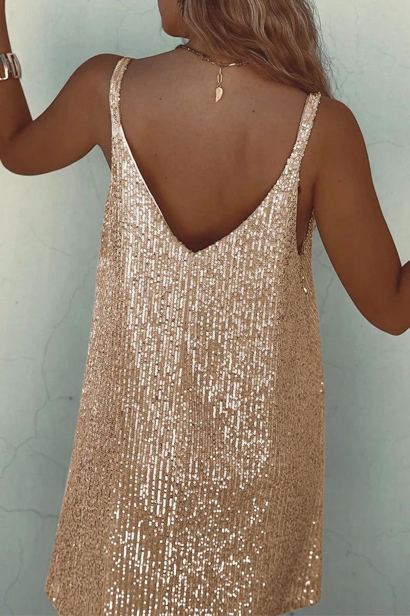 Sequin V-Neck Mini Dress. Assorted colors, polyester material. Sleeveless party dress. — Image 10