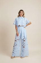 Floral Lace Two-Piece Set: Cropped Shirt & Wide Leg Pants - White Polyester Lace - Women's Fashion — Image 7