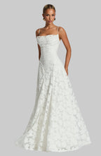 Floral Lace Maxi Dress with Lace-Up Back, Spaghetti Straps, Fitted Bodice. Available in Burgundy, White, and Pink. — Image 8