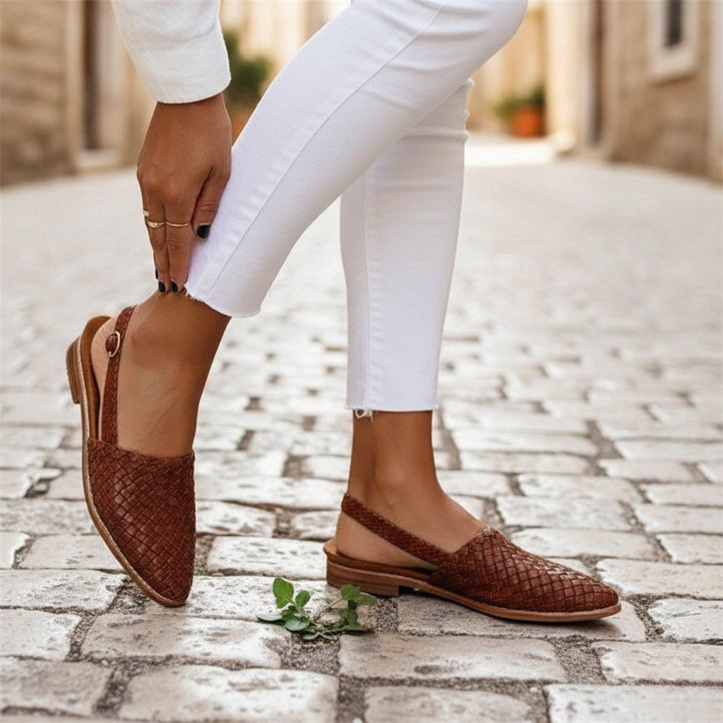 Woven Slingback Flats Women's Shoes - Brown Leather Summer Sandals — Image 2