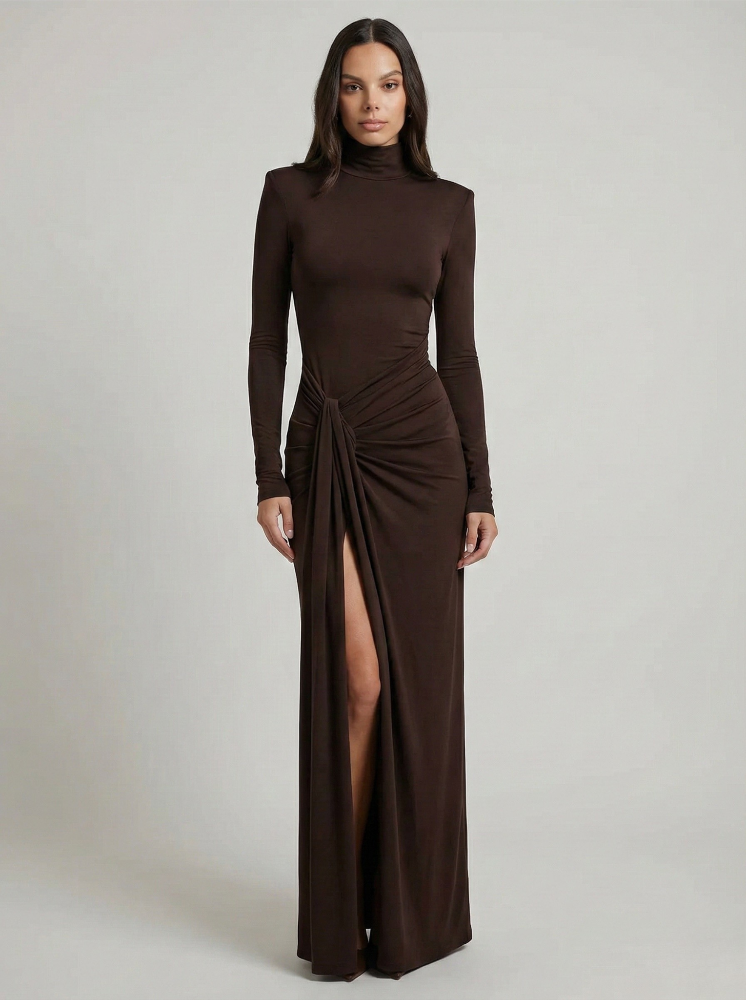 Brown Turtleneck Maxi Dress with Twist Front and Thigh Slit — Main Image