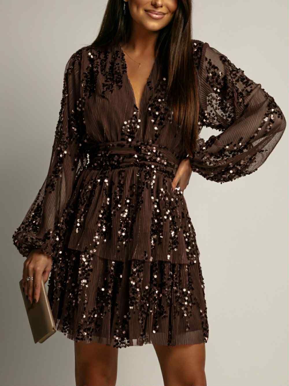Sequin Tiered Mini Dress, Brown Long Sleeve V-Neck Polyester — Image 4