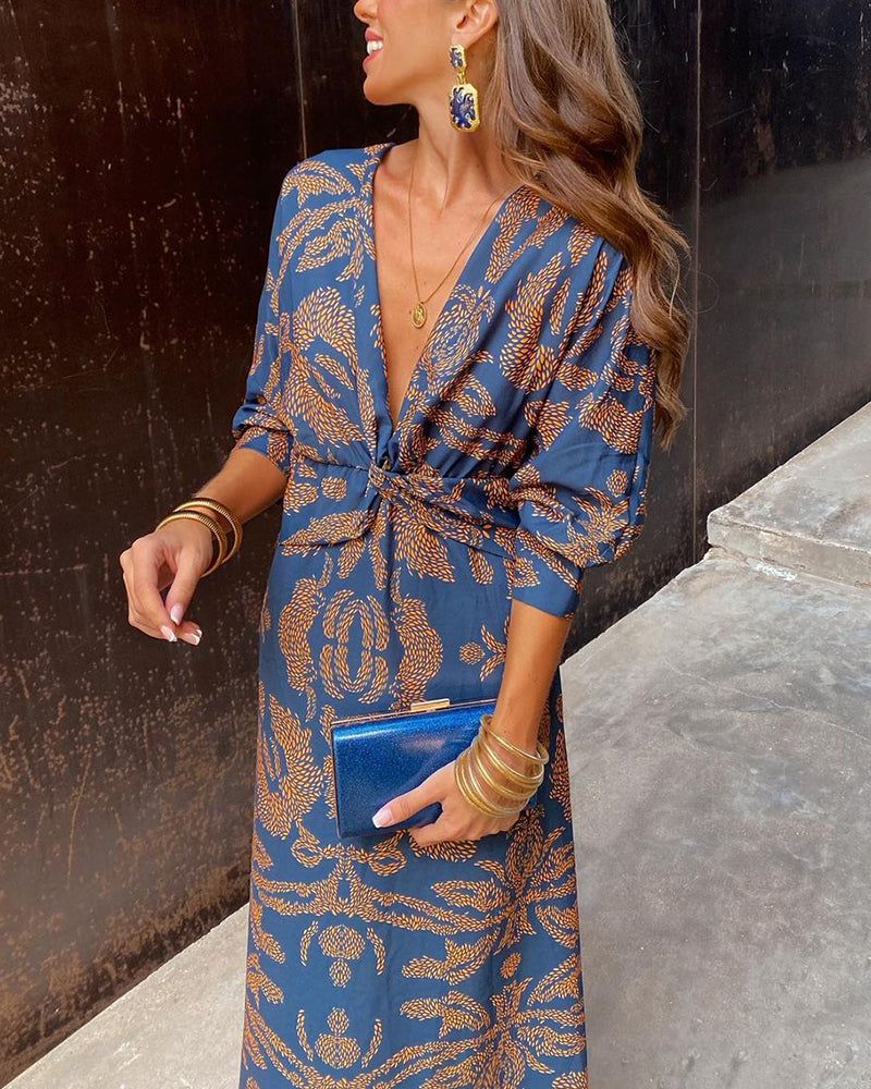 Twist Front Midi Dress V-Neck Long Sleeve Polyester Various Colors S M L XL — Image 2