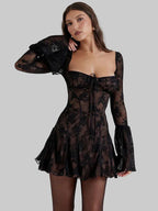 Lace Mini Dress with Bell Sleeves, Corset Detail, and Square Neck - Black Lace — Main Image
