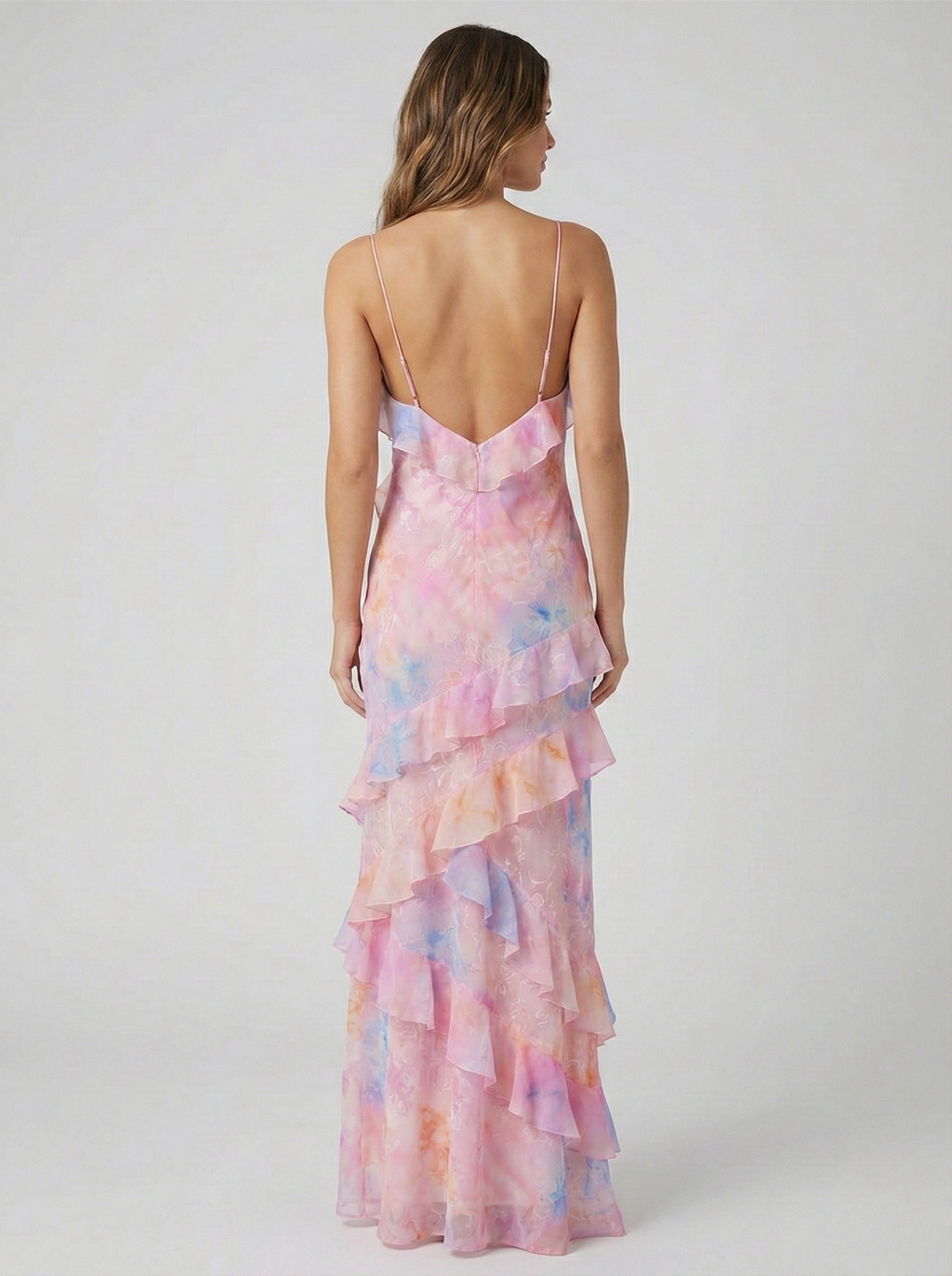 Floral Ruffle Maxi Dress - Pink/Yellow Chiffon Gown with Spaghetti Straps and Tiered Ruffles — Image 2